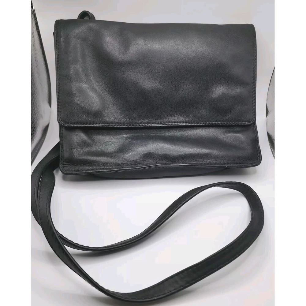 Vintage Derek Alexander dal Black Leather Cross Body Organizer Handbag Purse Bag
